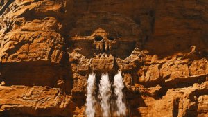 Mad Max - Fury Road. Waterfall is coming out from the Citadel. In the future, deserted Earth struggling by the lack of clean water.