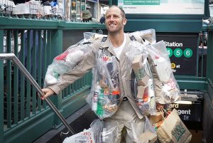 Rob Greenfield zero waste and sustainability guru wearing his trash-suit for 1 entire month in New York.