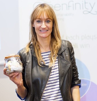 Bea Johnson holding a jar with all the trash her family produced in 365 days